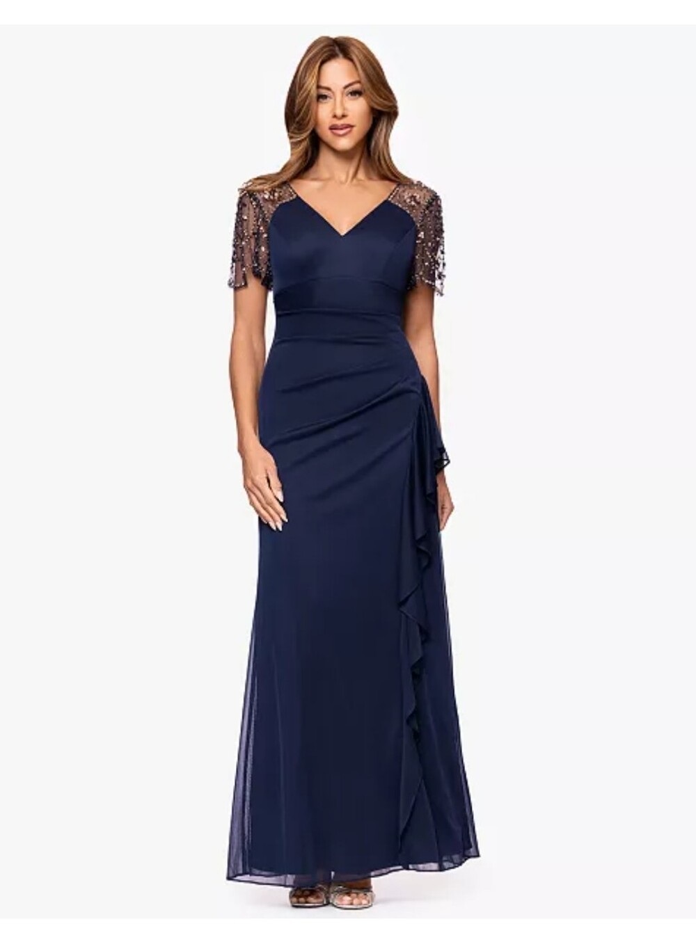 Xscape Navy Beaded Sleeve Cocktail Dress Women's Size 10 NWT Formal Party